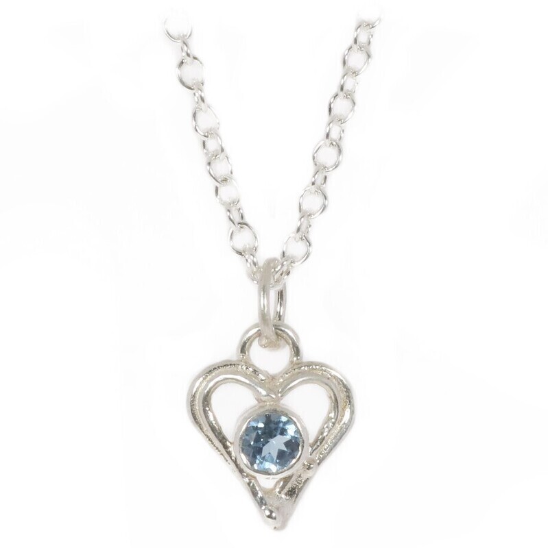 Silver Swiss Blue Topaz Open Wire Heart Pendant &amp; Chain