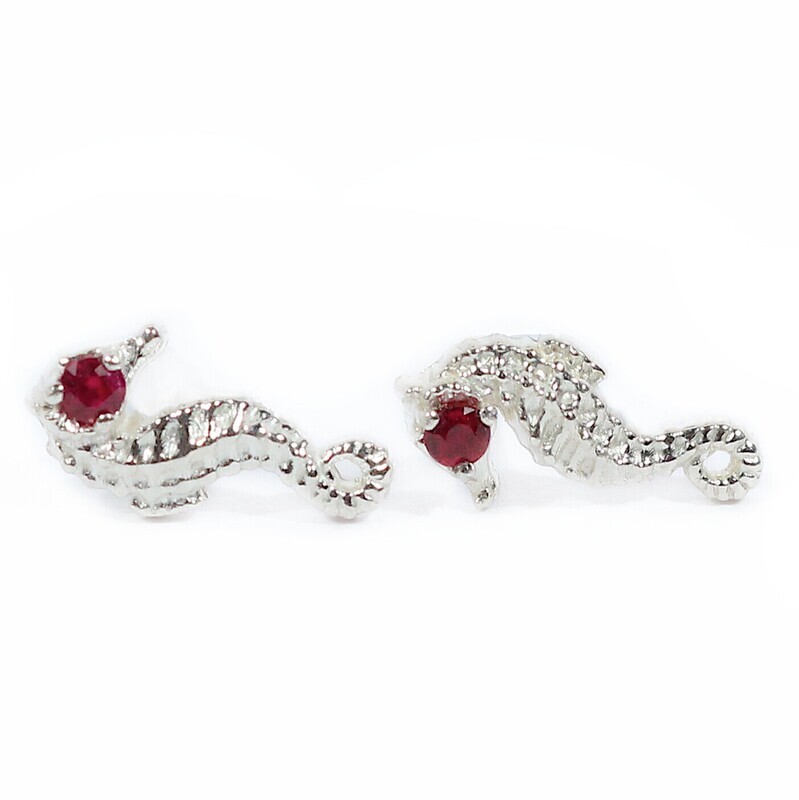 Silver Ruby Seahorse Stud Earrings