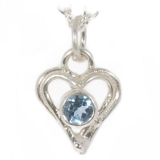 Silver Swiss Blue Topaz Open Wire Heart Pendant &amp; Chain