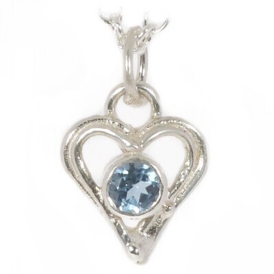 Silver Swiss Blue Topaz Open Wire Heart Pendant &amp; Chain