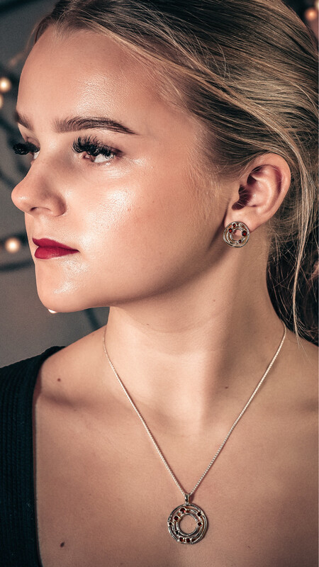Silver Cyclone 3 Garnet Stud Earrings