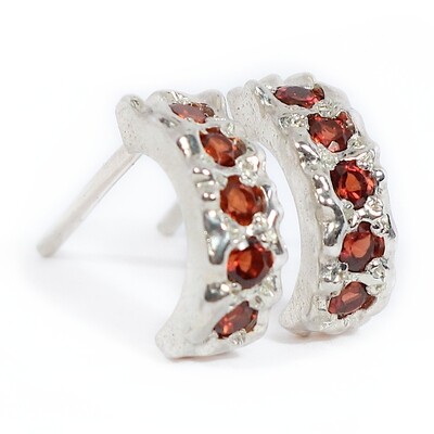 Silver Garnet Filigree Hoop Earrings