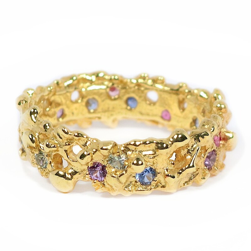 18ct Gold Narrow Mixed Sapphire Filigree Ring