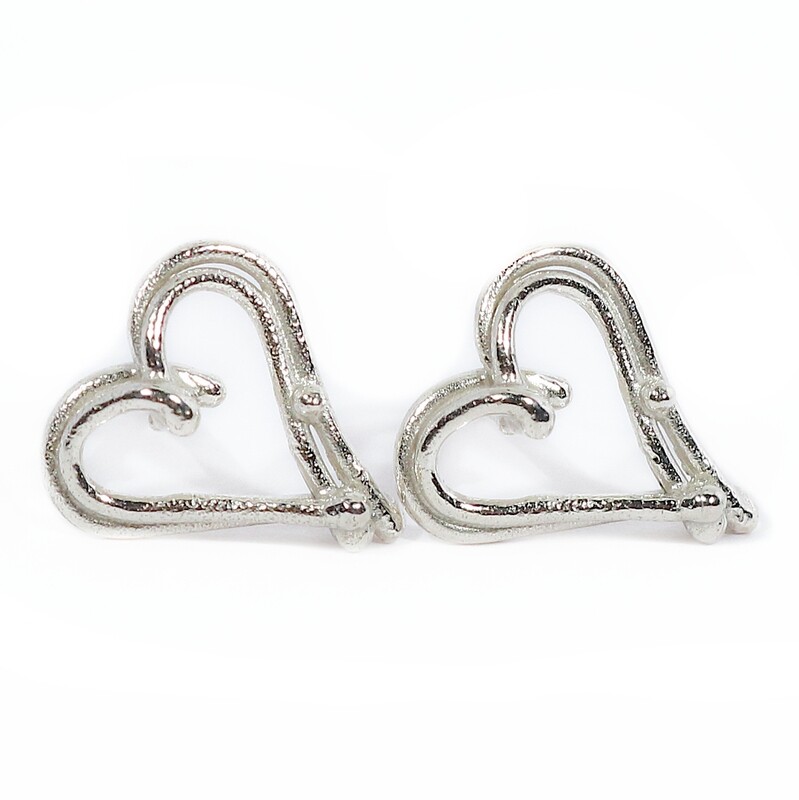 Silver Open Wire Heart Stud Earrings
