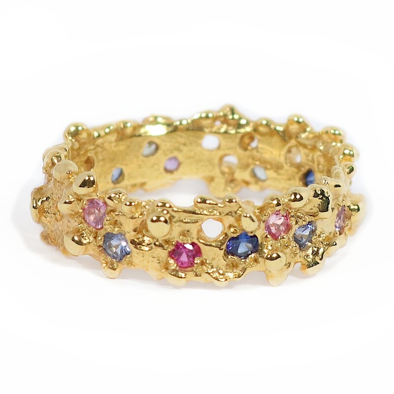 18ct Gold Narrow Mixed Sapphire Filigree Ring