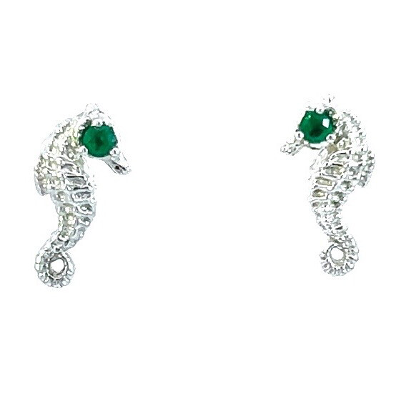 Silver Emerald Seahorse Stud Earrings