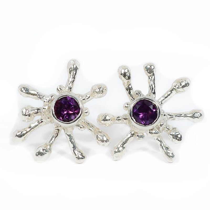 Silver Coral Amethyst Stud Earrings