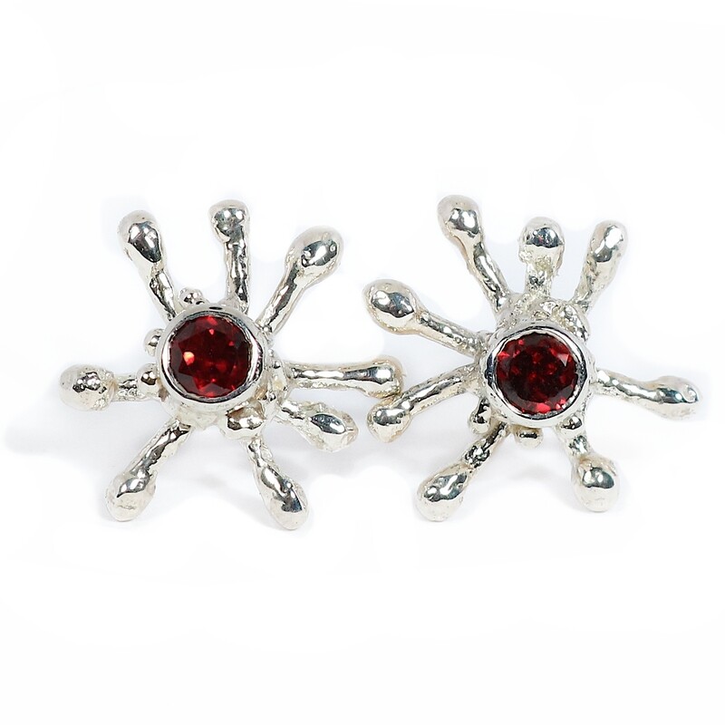 Silver Coral Garnet Stud Earrings