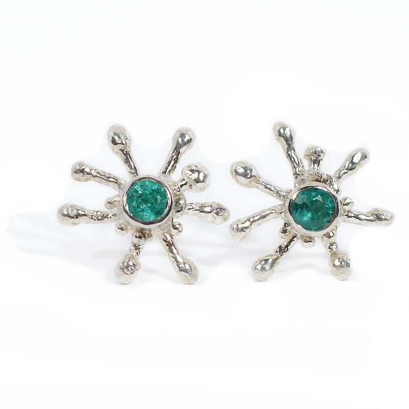 Silver Coral Emerald Stud Earrings