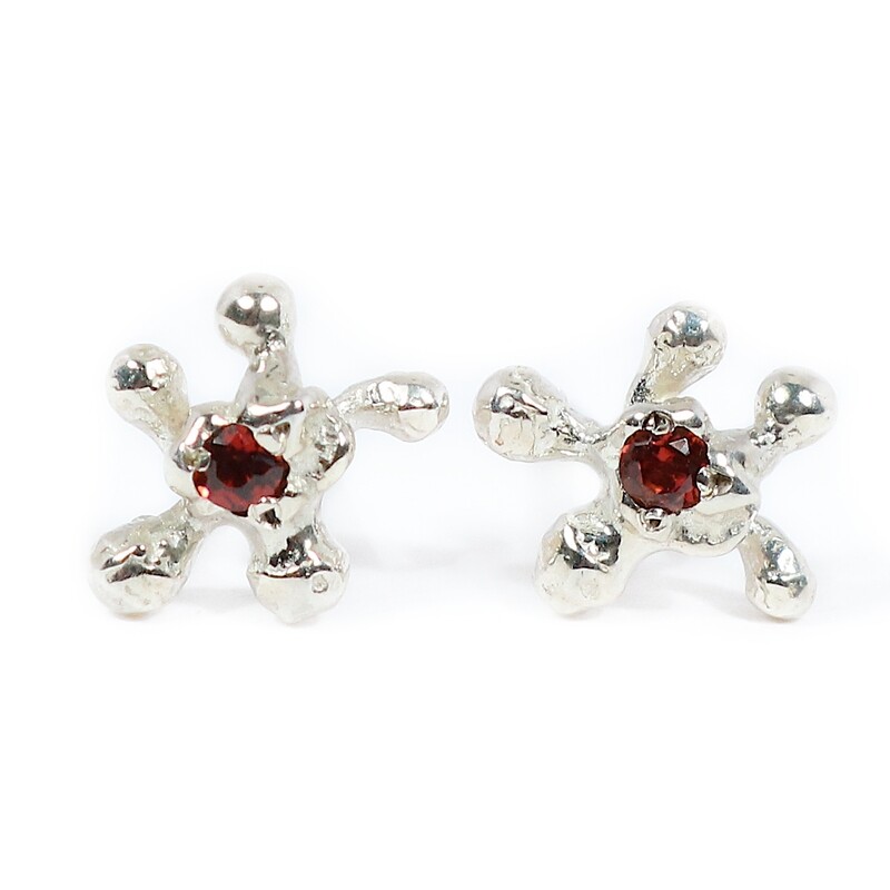 Silver Coral Garnet Stud Earrings (10mm Wide)