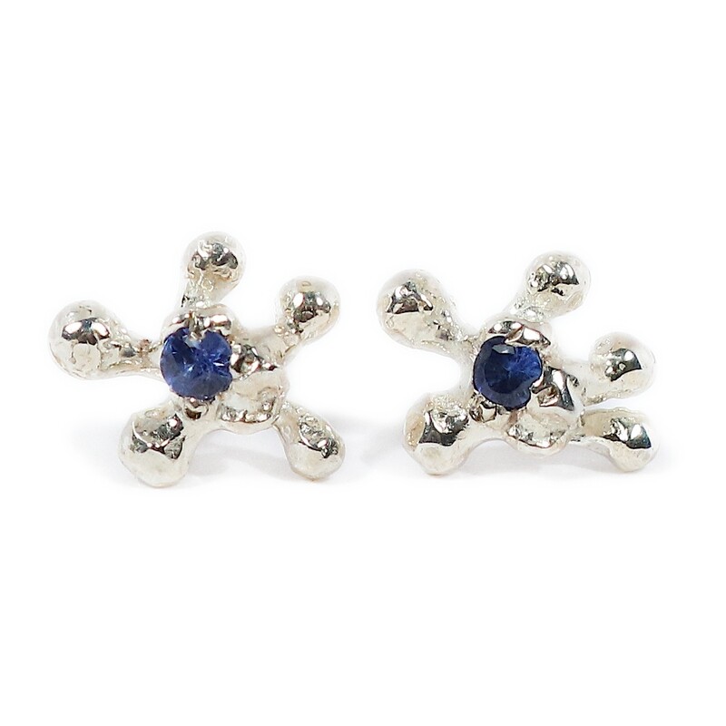 Silver Coral Blue Sapphire Stud Earrings (10mm Wide)