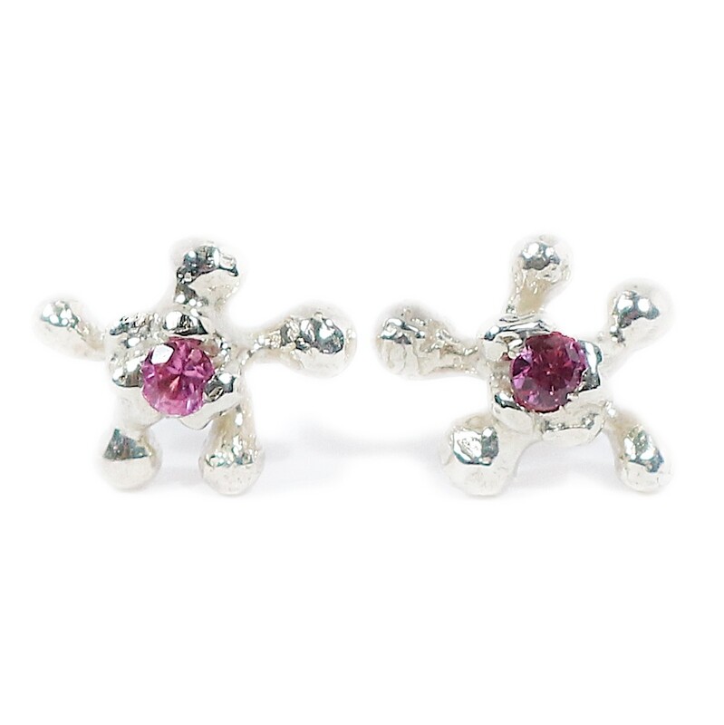 Silver Pink Sapphire Coral Stud Earrings (10mm Wide)