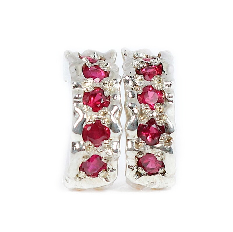 Silver Ruby Filigree Hoop Earrings