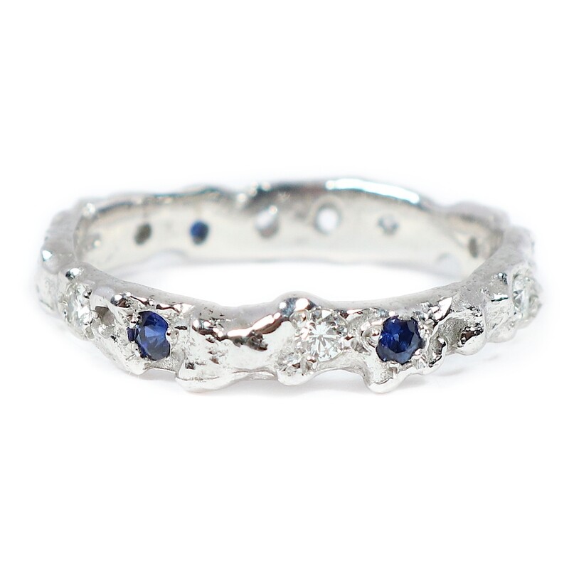 18ct White Gold Filigree Diamond And Blue Sapphire Ring