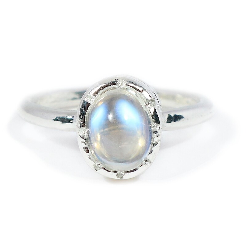 Silver 9x7mm Large Oval Moonstone Tutti Fruiti Ring