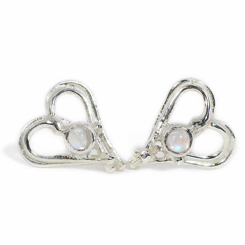Silver Moonstone Open Wire Heart Stud Earrings
