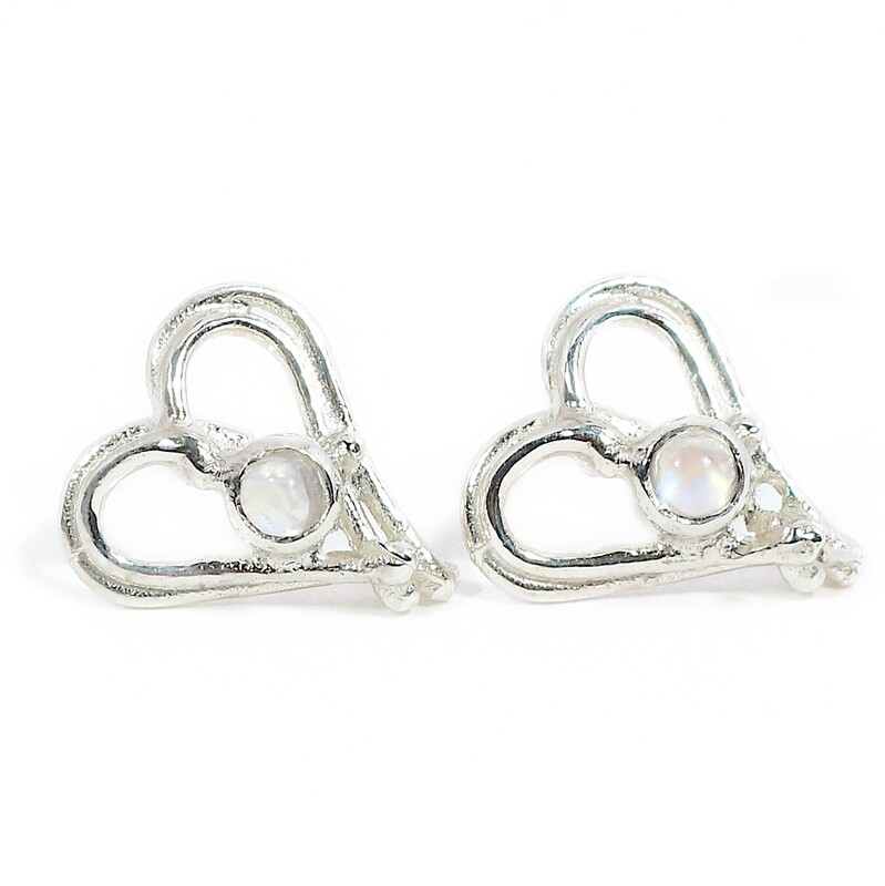 Silver Moonstone Open Wire Heart Stud Earrings