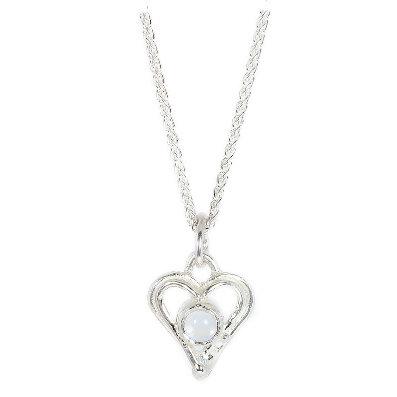 Silver Moonstone Open Wire Heart Pendant &amp; Chain