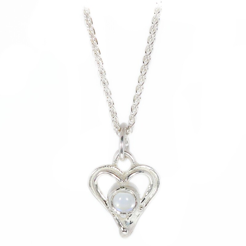 Silver Moonstone Open Wire Heart Pendant &amp; Chain