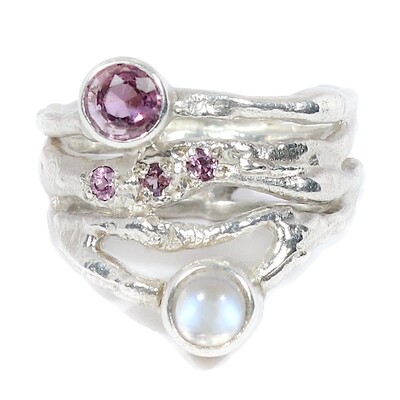 Silver Pink Sapphire &amp; Moonstone Twister Ring