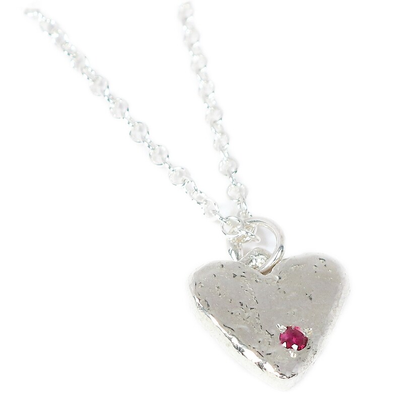 Silver Ruby Heart Pendant &amp; Chain (15mm wide)