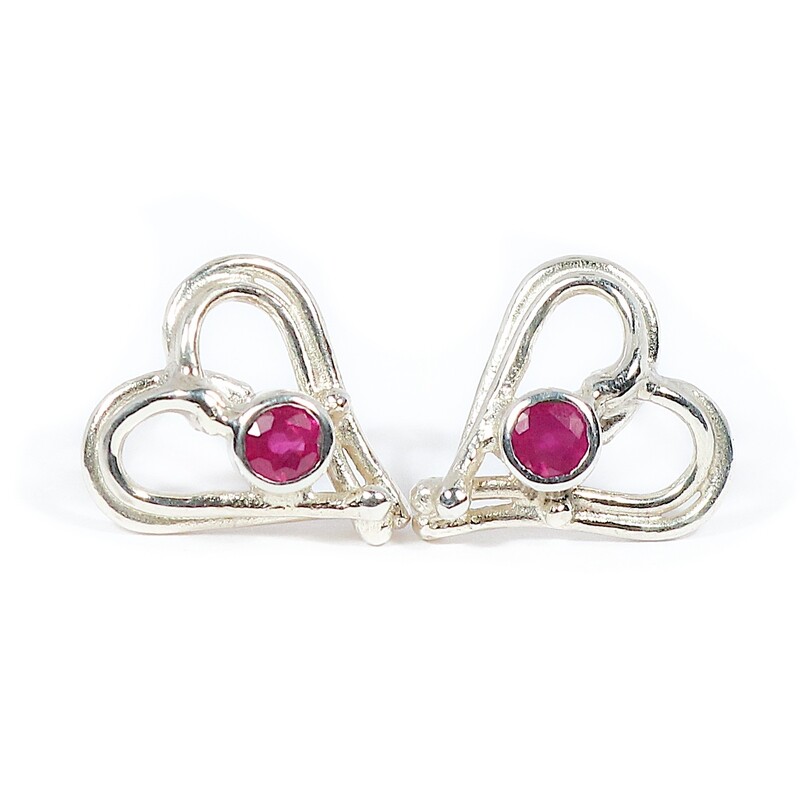 Silver Ruby Open Wire Heart Stud Earrings