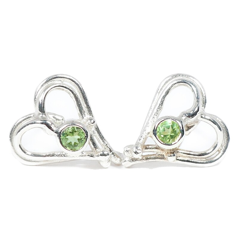 Silver Peridot Open Wire Heart Stud Earrings