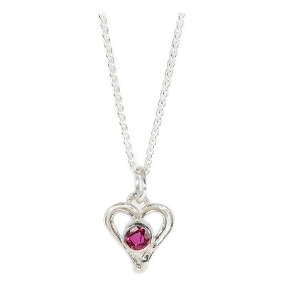 Silver Ruby Open Wire Heart Pendant &amp; Chain