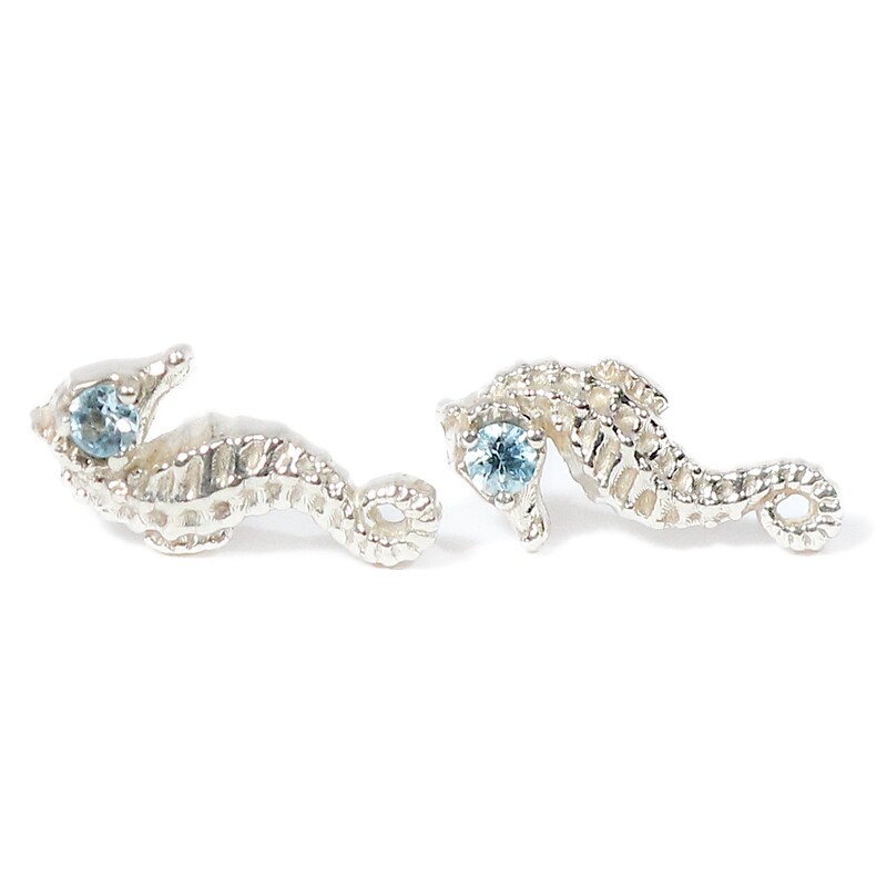 Silver Sky Blue Topaz Seahorse Stud Earrings