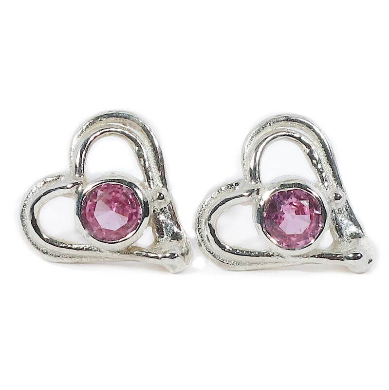 Silver Pink Sapphire Open Wire Heart Stud Earrings
