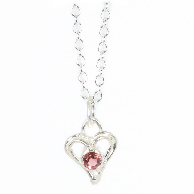 Silver Pink Tourmaline Open Wire Heart Pendant and Chain