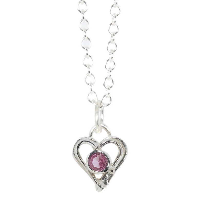 Silver Pink Sapphire Open Wire Heart Pendant and Chain