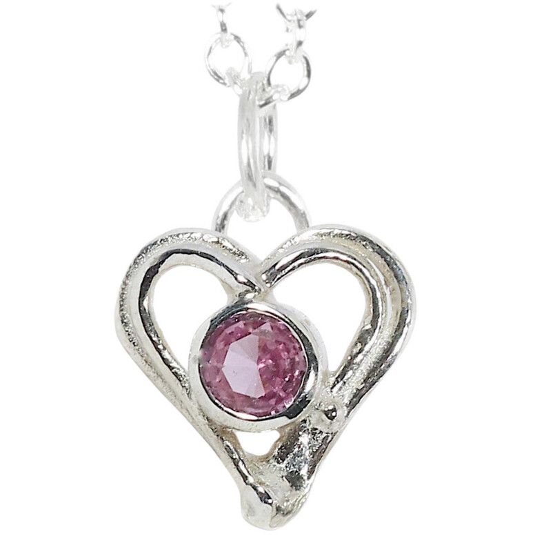 Silver Pink Sapphire Open Wire Heart Pendant and Chain