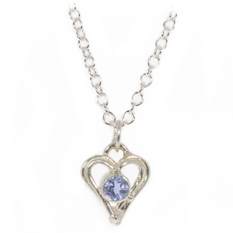 Silver Blue Sapphire Open Wire Heart Pendant and Chain