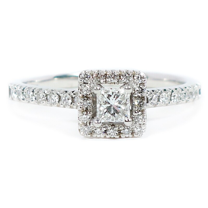 18ct White Gold Princess Cut Halo Diamond Shoulders Ring