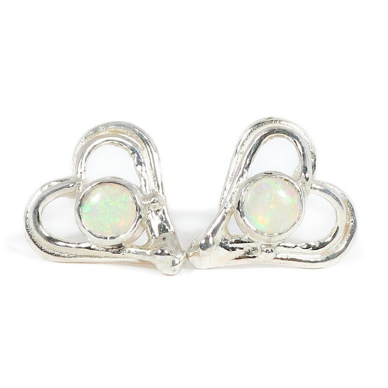 Silver Opal Open Wire Heart Stud Earrings