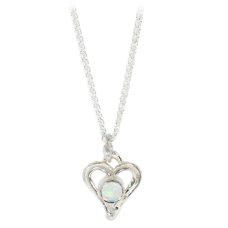 Silver Opal Open Wire Heart Pendant &amp; Chain