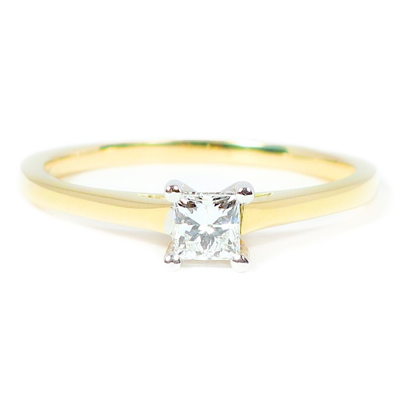18ct Yellow Gold And Platinum Claw Set Solitaire Princess Cut Diamond Ring