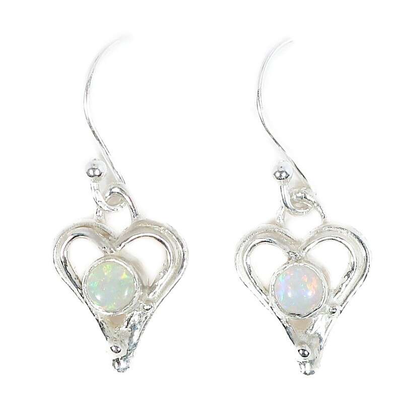 Silver Opal Open Wire Heart Drop Earrings