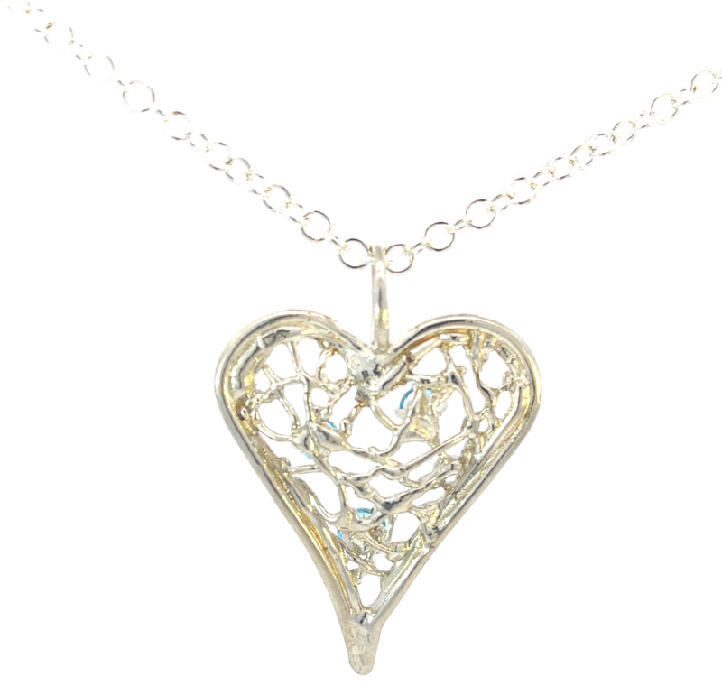 Silver Amethyst Birdsnest Heart Pendant &amp; Chain (36mm wide)