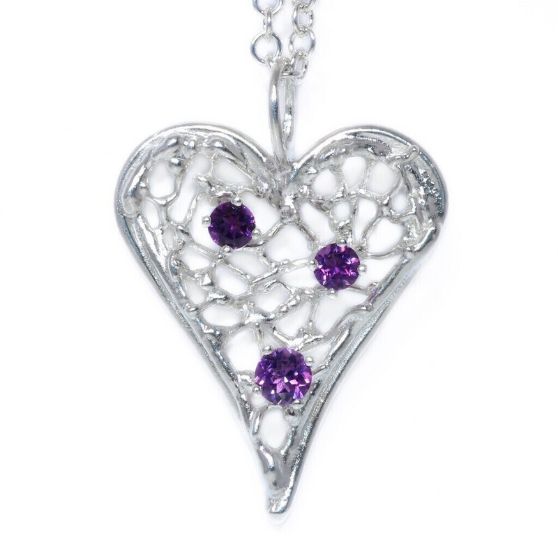 Silver Amethyst Birdsnest Heart Pendant &amp; Chain (36mm wide)