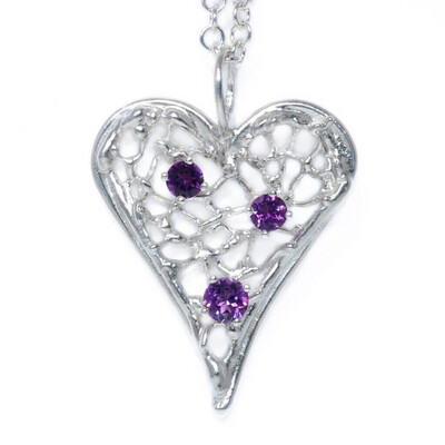 Silver Amethyst Birdsnest Heart Pendant &amp; Chain (36mm wide)