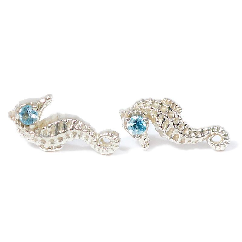Silver Swiss Blue Topaz Seahorse Stud Earrings