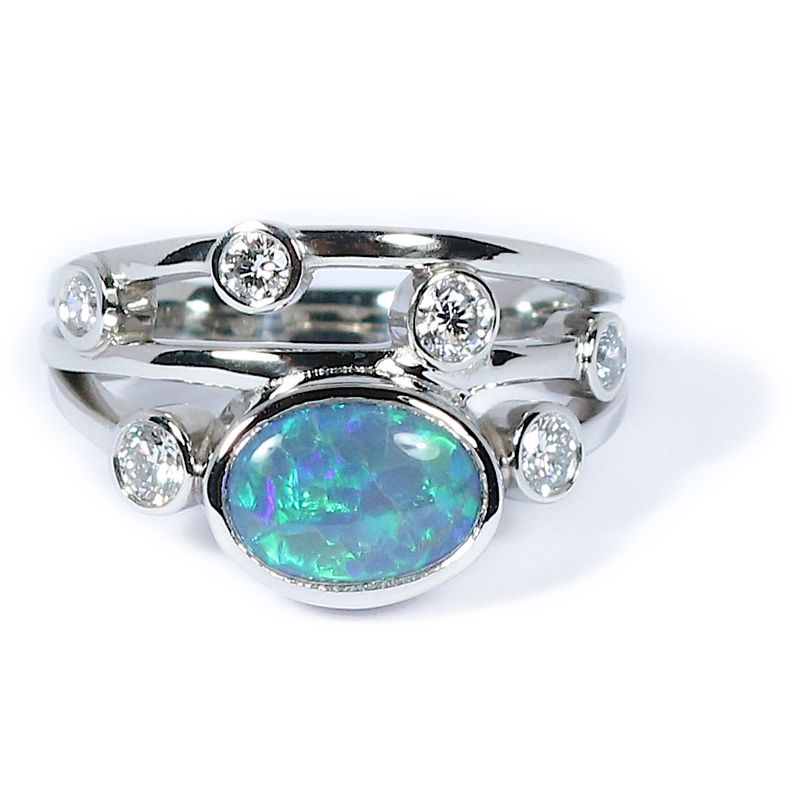 Platinum Black Opal &amp; Diamond Seven-Stone Polished Twister Ring