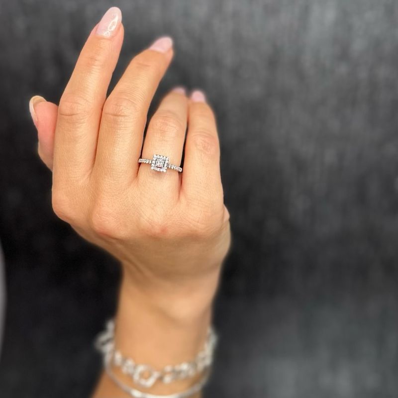 18ct White Gold Princess Cut Halo Diamond Shoulders Ring