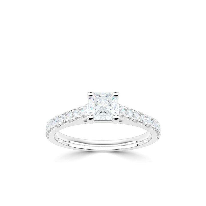 Platinum Princess Cut Solitaire With Round Diamond Set Shoulders Ring