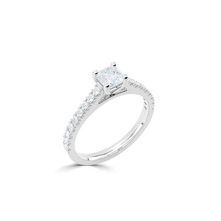 Platinum Princess Cut Solitaire With Round Diamond Set Shoulders Ring