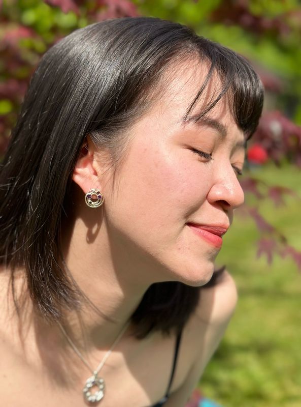 Silver Pink Sapphire Cyclone 3 Ear Stud Earrings