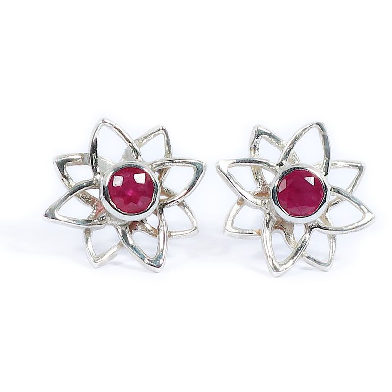 Silver Ruby Lotus Flower Stud Earrings