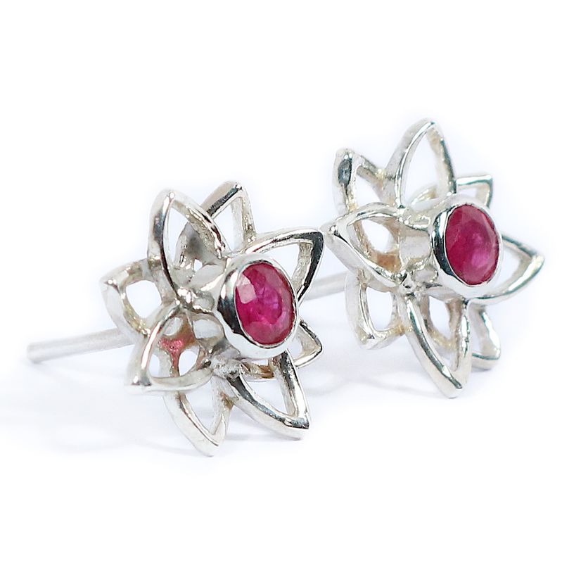 Silver Ruby Lotus Flower Stud Earrings